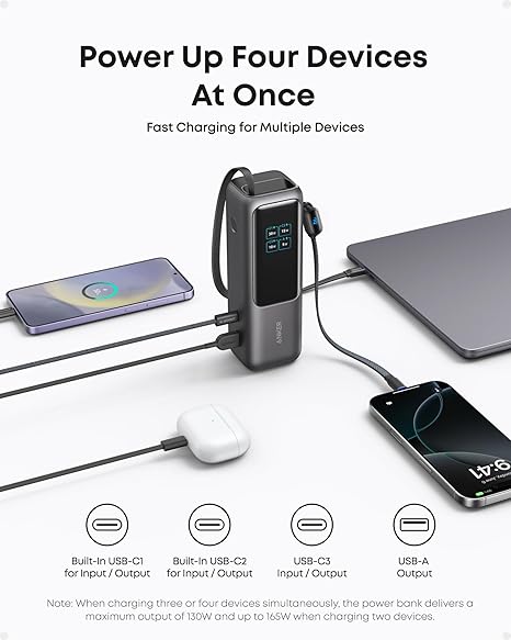 Anker Zolo A1695H11 Power Bank Built-in and Retractable Cable 25000mAh – 165W [D] - بطارية متنقلة - انكر - سعة 25 آلاف - 2 كيبل تايب سي مدمج - 2 منفذين شحن بقوة 165 واط - كفاله 18 شهر