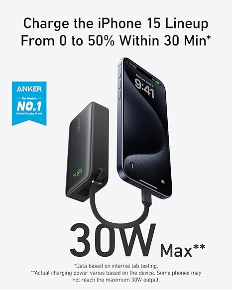Anker Nano Power Bank (30W, Built-In USB-C Cable) 10000 PD - Black [D] - بطارية متنقلة - انكر - سعة 10 آلاف ملي امبير - مع سلك شاحن تايب سي - قوة 30 واط - كفالة 18 شهر
