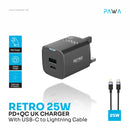 PAWA Retro 25W PD+QC UK Charger With USB-C to Lightning Cable  - بلاك شاحن حائط + سلك شحن ايفون - 25 واط - باوا - كفالة 12 شهر
