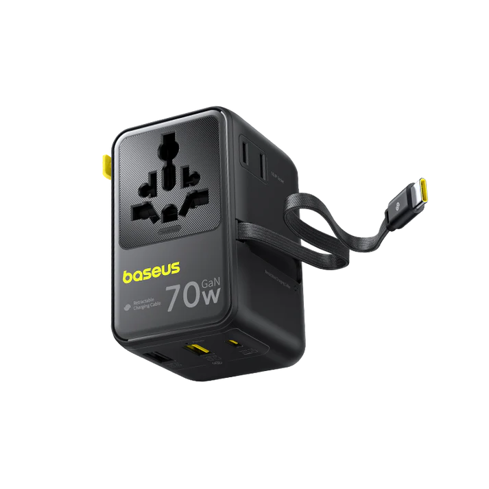 Baseus EnerCore CG11 Universal Travel Adapter 70W with Retractable USB-C [D] - بلاك حائط شحن دولي - 4 فتحات للشحن - 3 فتحات تايب سي +1 فتحة يو اس بي - قوة 70 واط  مع كيبل تايب سي - كفالة 24 شهر