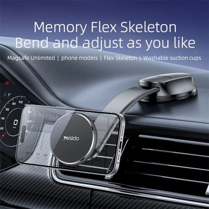 Yesido C176 Bending Arm Car Suction Cup Mount Magnetic Cell Phone Holder – Black - ستاند سيارة  - مغناطيس - مرن قايل للطي - دوران 360 درجة - مناسب لجميع انواع الاجهزة