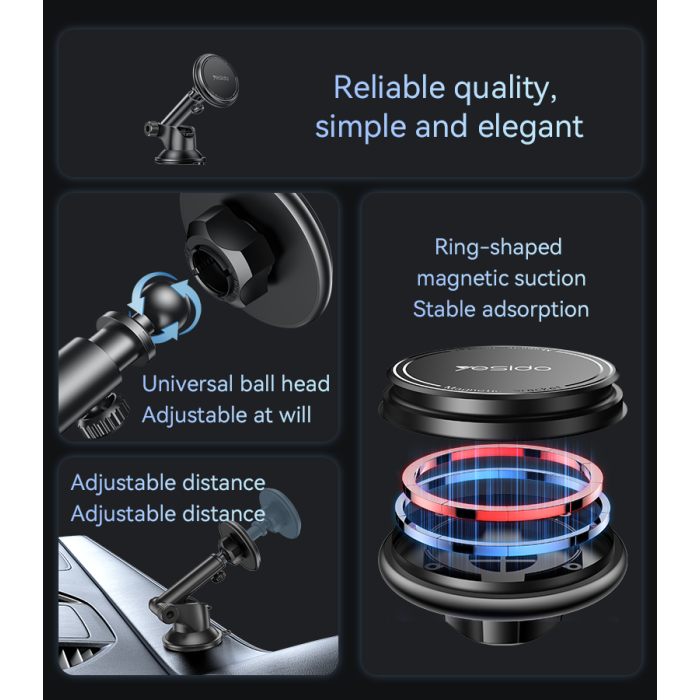 Yesido C269 360 Rotation Telescopic Rod Design Bionic Magnetic Suction Cup Car Phone Holder - ستاند سيارة - ذراع طويل - مغناطيس - مناسب لجميع انواع الاجهزة