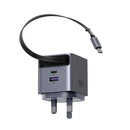 UGREEN 45W 2-Port GaN Fast Charger with Retractable Cable - Space Gray [B] - شاحن حائط  - يو جرين - واير تايب سي + فتحة تايب سي - 1 فتحة يو اس بي - قوة 45 واط - كفالة 12 شهر