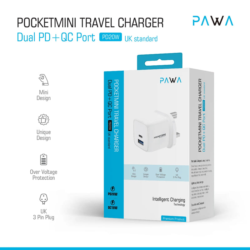 Pawa PocketMini Travel Charger Dual PD + QC Port 20W - شاحن حائط - قوة 20 واط - منفذين تايب سي  للشحن السريع  - كفالة 12 شهر