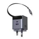 UGREEN 65W 2-Port GaN Fast Charger with Retractable Cable - Space Gray [B] - شاحن حائط  - يو جرين - واير تايب سي + فتحة تايب سي - 1 فتحة يو اس بي - قوة 65 واط - كفالة 12 شهر