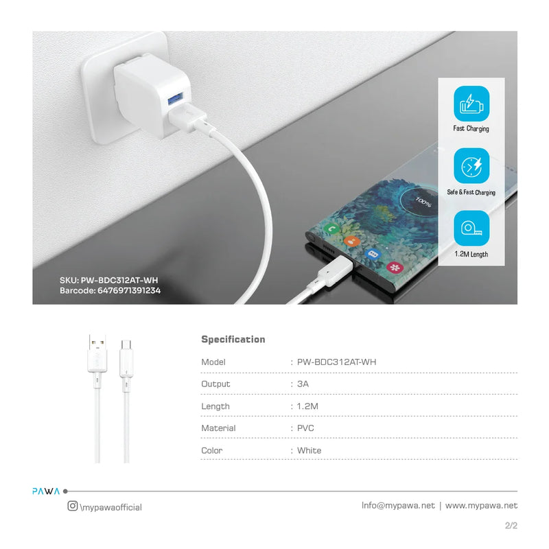 Pawa 3A USB-A TO TYPE C Quick Charging PVC Cable PW122 | White - سلك شحن تايب سي - باوا - طول 1.2 سم - كفالة 24 شهر