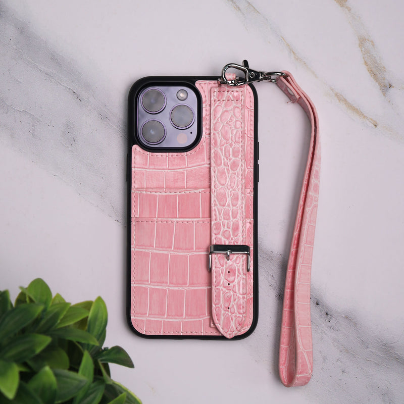 Dana Full Light Pink Leather Case with Card Slot and Strap - كفر مع مسكة شريطة ومكان للبطاقات وخيط علاقة