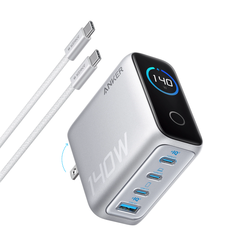 Anker Laptop Charger (140W, 4-Port, PD 3.1) with USB-C Cable Silver [D] - شاحن حائط - انكر - قوة 140 واط - 4 منافذ للشحن السريع - شاشه رقميه - سلك شحن تايب سي - كفالة 18 شهر