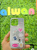 Noufa Silver Phone Case - كفر مع ستيكرز طباعة من اختياركم - الكفر + التصميم + البروفة + الطباعة - سيتم التواصل معكم لتحديد الكلمات والصور