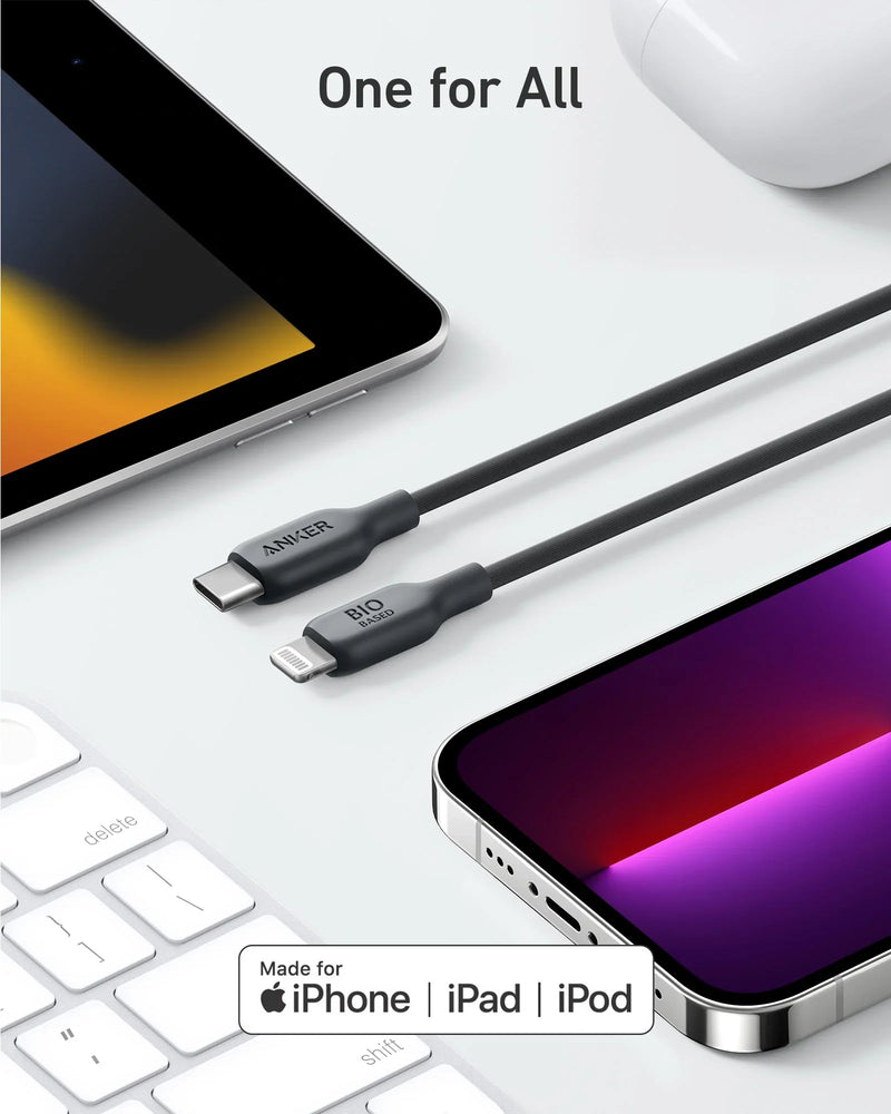 Anker 542 USB-C to Lightning (Bio-Based) - 0.9m/3ft - Black سلك شحن ايفون تايب سي - انكر - طول 90 سم - كفالة 18 شهر