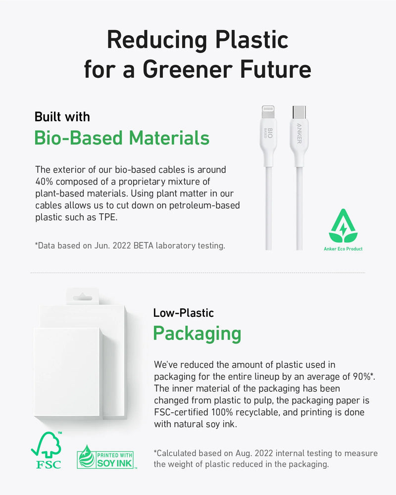 Anker 542 USB-C to Lightning (Bio-Based) - 1.8m/6ft - White [D] - سلك شحن ايفون تايب سي - انكر - طول 180 سم - كفالة 18 شه