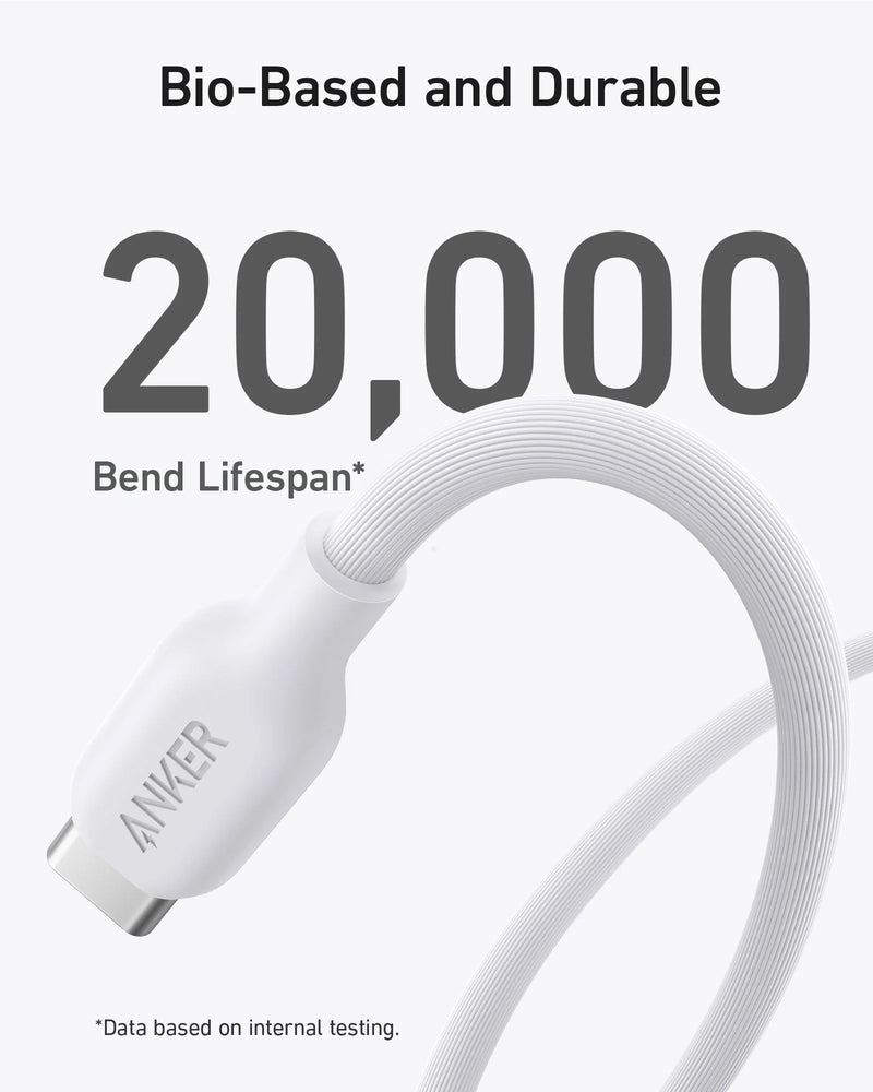 Anker 542 USB-C to Lightning (Bio-Based) - 1.8m/6ft - White [D] - سلك شحن ايفون تايب سي - انكر - طول 180 سم - كفالة 18 شه