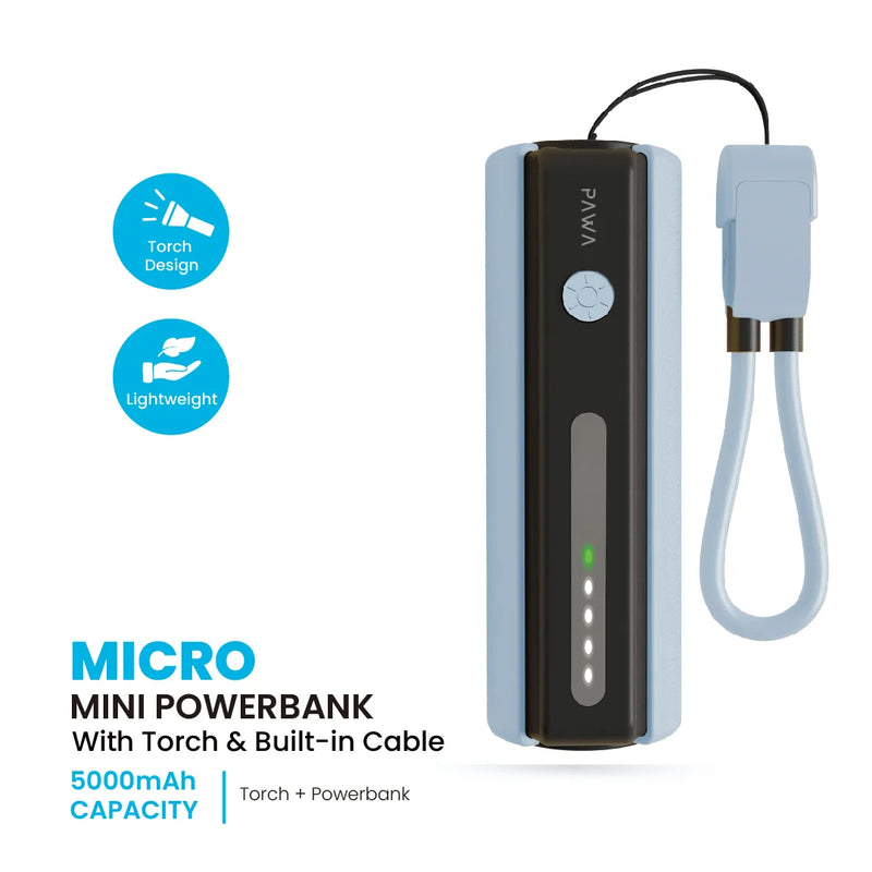 Pawa Micro Mini Powerbank with Torch and Lanyard cable Blue & Black [O] - بطارية متنقلة - باوا - سعة 5000 - سلك شاحن تايب سي + كشاف مضئ - كفالة 24 شهر