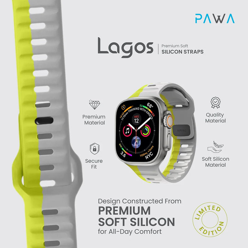PAWA - Lagos Premium Soft Silicon Straps - Grey & Yellow - سير ساعه أبل واتش
