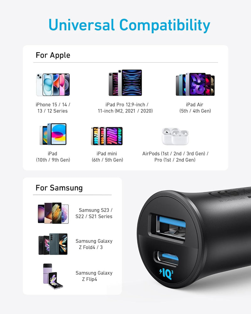 Anker Car Charger (30W, 2 Ports) - Black - شاحن ولاعة للسيارة - انكر - قوة 30 واط - منفذ تايب سي للشحن السريع ومنفذ للشحن الذكي - كفالة 18 شهر