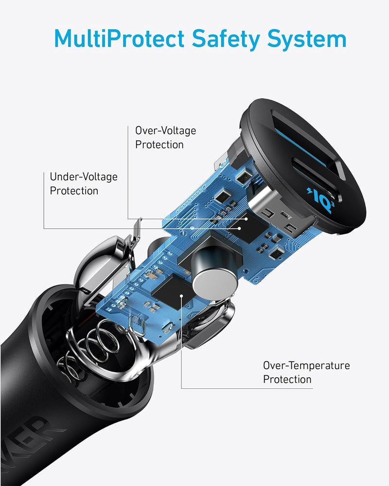 Anker Car Charger (30W, 2 Ports) - Black - شاحن ولاعة للسيارة - انكر - قوة 30 واط - منفذ تايب سي للشحن السريع ومنفذ للشحن الذكي - كفالة 18 شهر