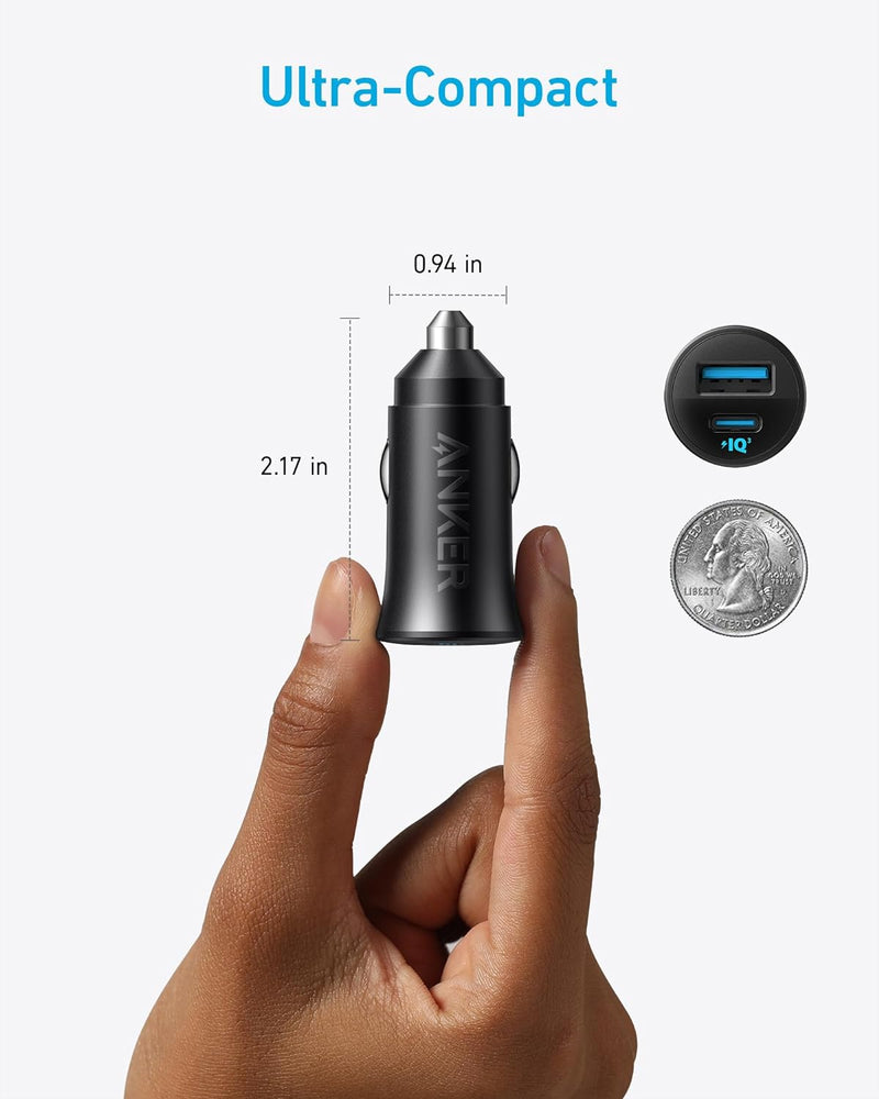 Anker Car Charger (30W, 2 Ports) - Black - شاحن ولاعة للسيارة - انكر - قوة 30 واط - منفذ تايب سي للشحن السريع ومنفذ للشحن الذكي - كفالة 18 شهر