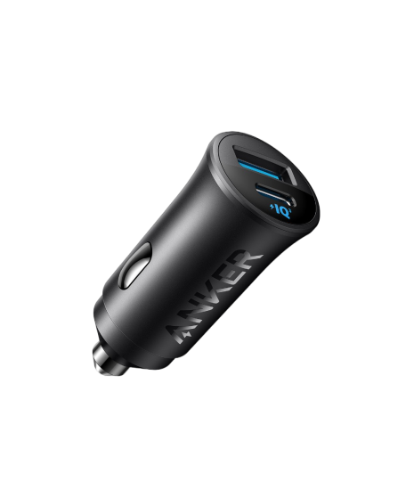 Anker Car Charger (30W, 2 Ports) - Black - شاحن ولاعة للسيارة - انكر - قوة 30 واط - منفذ تايب سي للشحن السريع ومنفذ للشحن الذكي - كفالة 18 شهر