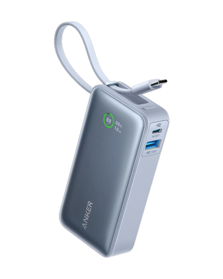 Anker Nano Power Bank (PowerCore 30W,Built-In USB-C Cable) - Blue [D] - بطارية متنقلة - انكر - سعة 10 آلاف ملي امبير - مع سلك شاحن تايب سي - قوة 30 واط - كفالة 18 شهر
