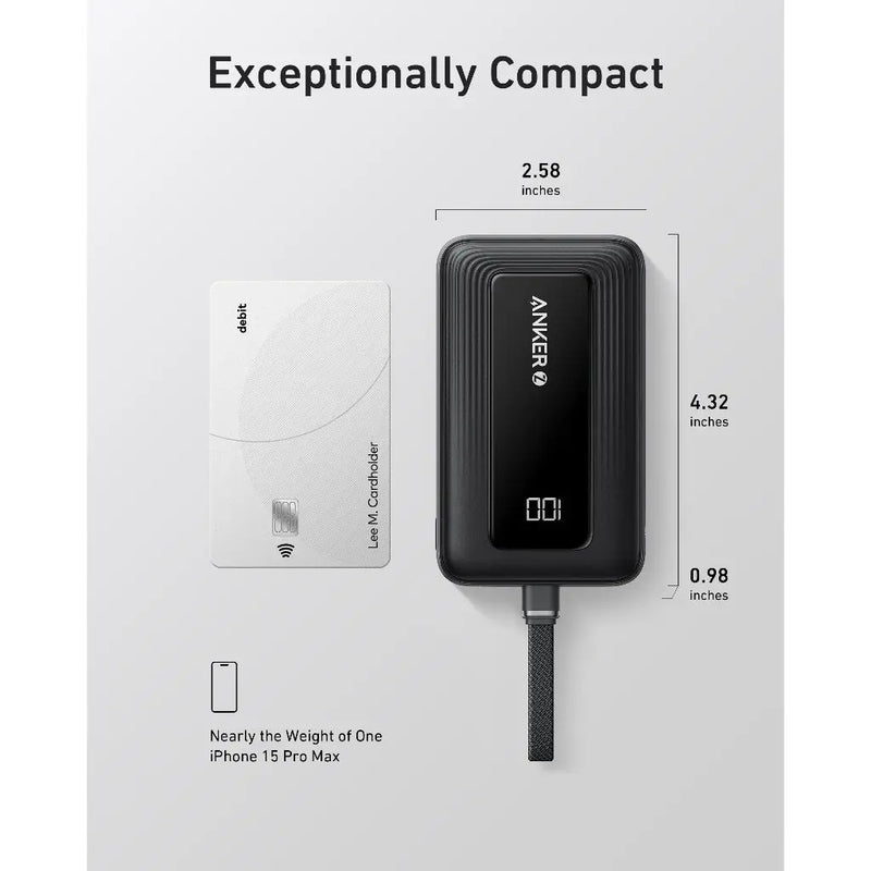 Anker Zolo Power Bank (20K, 30W, Built-In USB-C Cable) - Black [D] - بطارية متنقلة - انكر - سعة 20 آلف ملي امبير - قوة 30 واط - مع سلك شحن تايب سي - كفالة 18 شهر