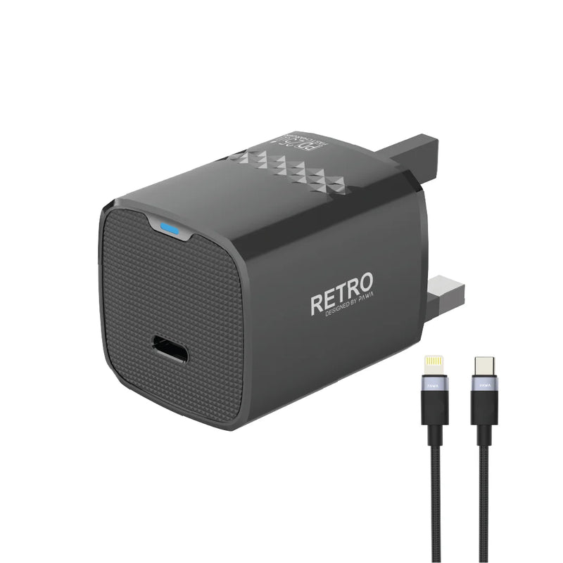 Pawa PocketMini Travel Charger Dual PD + QC Port 20W With Type-C to Lightning Cable - بلاك شاحن حائط + سلك شحن ايفون - 25 واط - باوا - كفالة 12 شهر