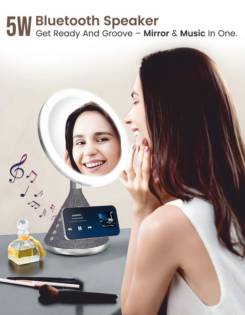 Porodo Lifestyle 15W Zoomed Mirror Magnetic Wireless Charger with Speaker & Adjusta Gold - مرايا مع اضاءة للمكياج - مع مكبر صوت - بورودو - كفالة 24 شهر