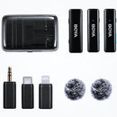BOYA Microphone w-case with lightning-Type C- 3.5mm connector [C] - مايكروفون للتصوير - عدد 2 ميكروفون - 3 في 1 - منفذ شحن تايب سي + منفذ لايتينينج + اي يو اكس - بويا - كفالة 12 شهر