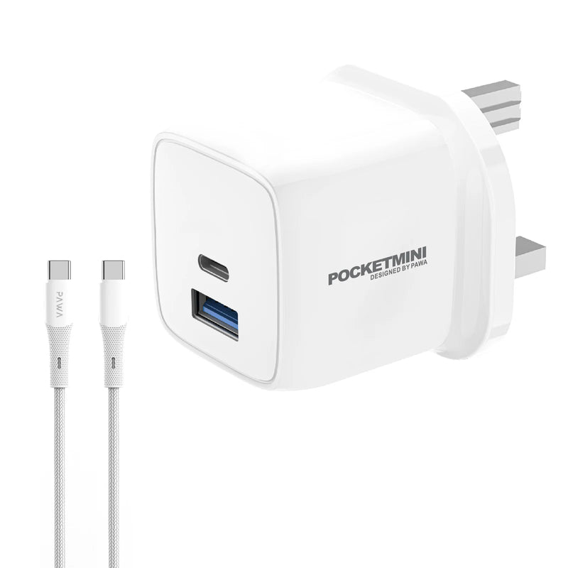 Pawa PocketMini Travel Charger Dual PD + QC Port 20W With Type-C to Type-C Cable - بلاك شاحن حائط + سلك شحن تايب سي - طول 1.2 متر - باوا - كفالة 12 شهر