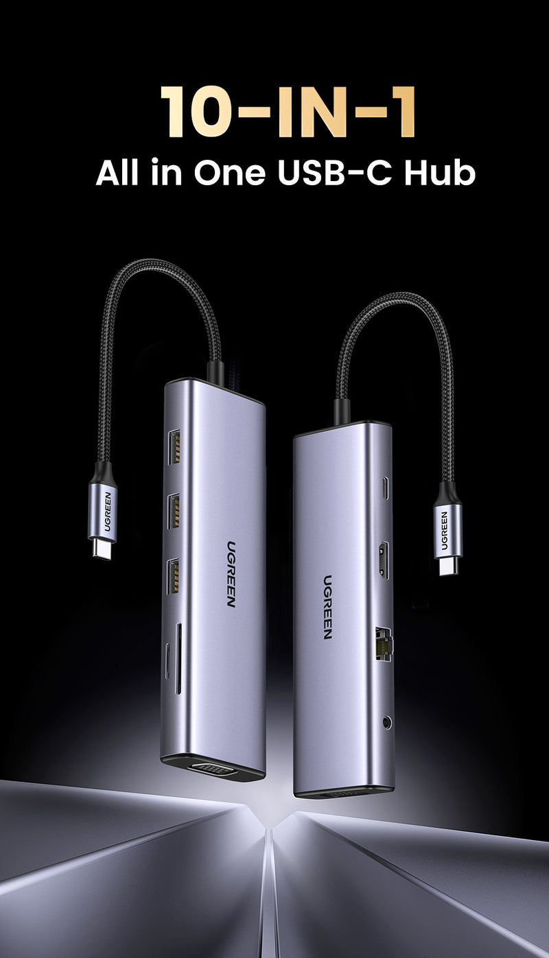 UGREEN USB-C Multifunction Adapter 10 in 1 [O] - وصلة تايب سي - 10 في 1 - لاجهزة الايباد برو والماك بوك - متعددة الاستخدام - كفالة 12 شهر