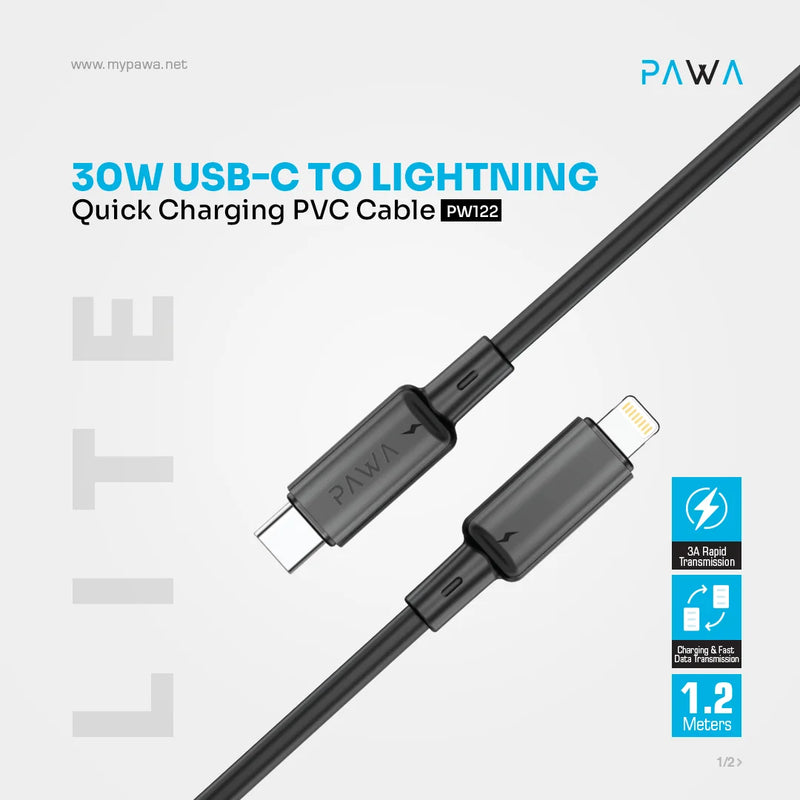 Pawa 3A USB-C TO Lightning Quick Charging - 1.2m - Black - سلك شحن - باوا - ايفون تايب سي - طول 1.2 متر - كفالة 12 شهر