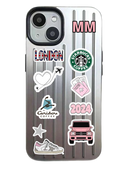 Noufa Silver Phone Case - كفر مع ستيكرز طباعة من اختياركم - الكفر + التصميم + البروفة + الطباعة - سيتم التواصل معكم لتحديد الكلمات والصور