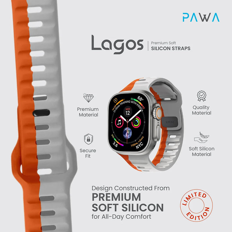 PAWA - Lagos Premium Soft Silicon Straps - Grey & Orange - سير ساعه أبل واتش