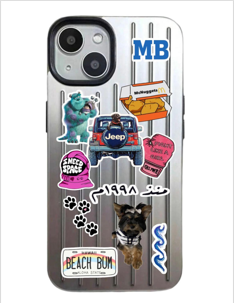 Noufa Silver Phone Case - كفر مع ستيكرز طباعة من اختياركم - الكفر + التصميم + البروفة + الطباعة - سيتم التواصل معكم لتحديد الكلمات والصور