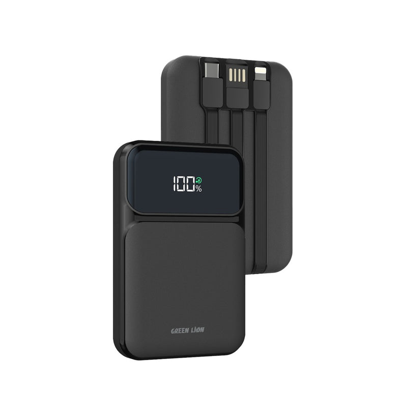 Green Lion 3 in 1 Integrated 10000mAh Power Bank - Black - بطاريه متنقلة - سعة 10 ألاف - جرين + شحن ماغ سيف قوة 15 واط  -  سلك شحن  تايب سي + سلك شحن  ايفون + سلك يو اس بي اي - شاشة رقمية