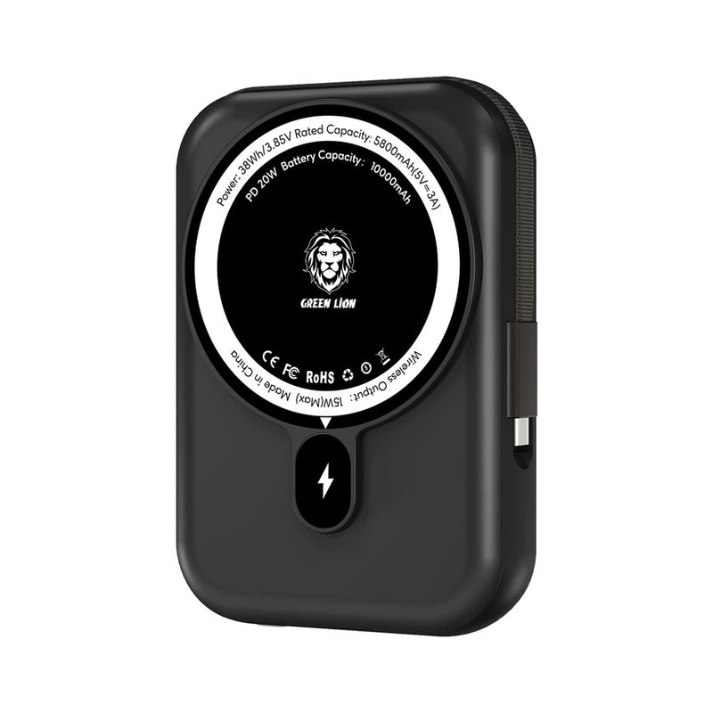 Green Lion Monaco 10000mAh MagSafe Power Bank - Black - بطارية متنقلة - يوجرين - سعة 10000 - ماق سيف - قوة 15 واط + سلك شحن تايب سي قوة 20 واط - شاشة رقمية - كفالة 24 شهر