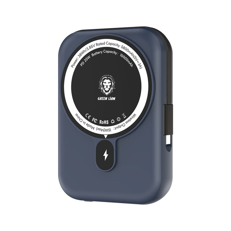 Green Lion Monaco 10000mAh MagSafe Power Bank - Blue - بطارية متنقلة - يوجرين - سعة 10000 - ماق سيف - قوة 15 واط + سلك شحن تايب سي قوة 20 واط - شاشة رقمية - كفالة 24 شهر