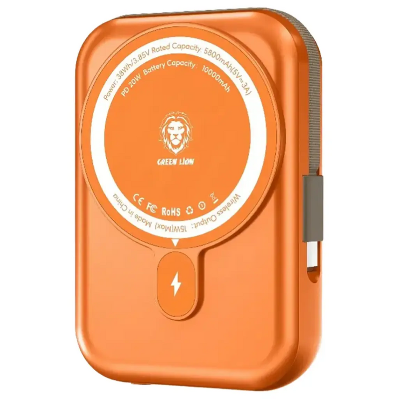 Green Lion Monaco 10000mAh MagSafe Power Bank - Orange - بطارية متنقلة - يوجرين - سعة 10000 - ماق سيف - قوة 15 واط + سلك شحن تايب سي قوة 20 واط - شاشة رقمية - كفالة 24 شهر