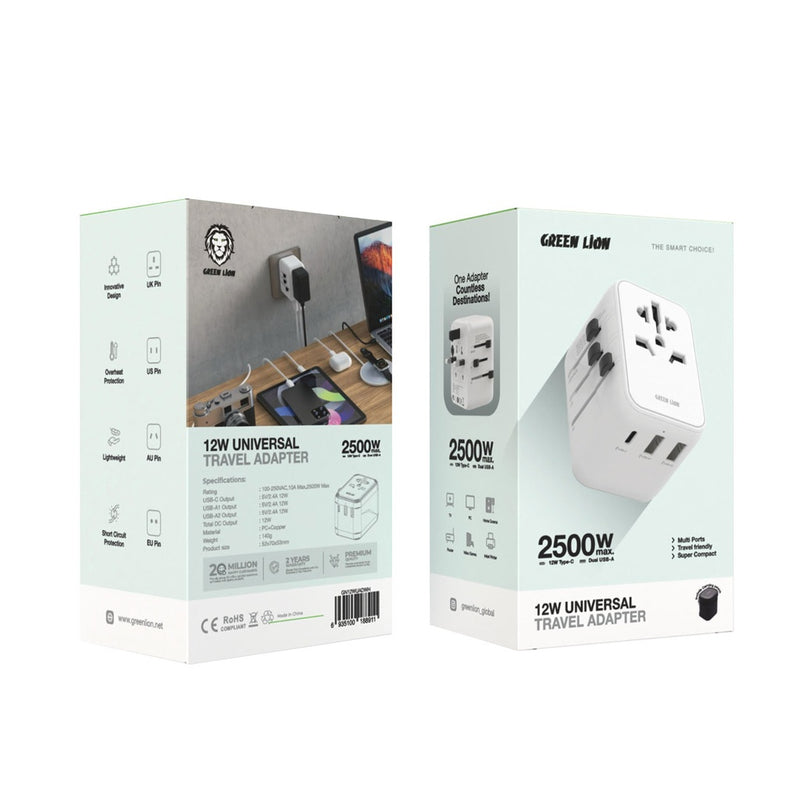 Green Lion 12W Universal Travel Adapter white - بلاك حائط دولي للسفر - 3 مخارج - كفالة 18 شهر