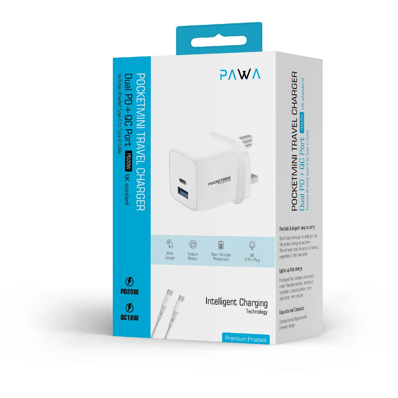 Pawa PocketMini Travel Charger Dual PD + QC Port 20W With Type-C to Type-C Cable - بلاك شاحن حائط + سلك شحن تايب سي - طول 1.2 متر - باوا - كفالة 12 شهر