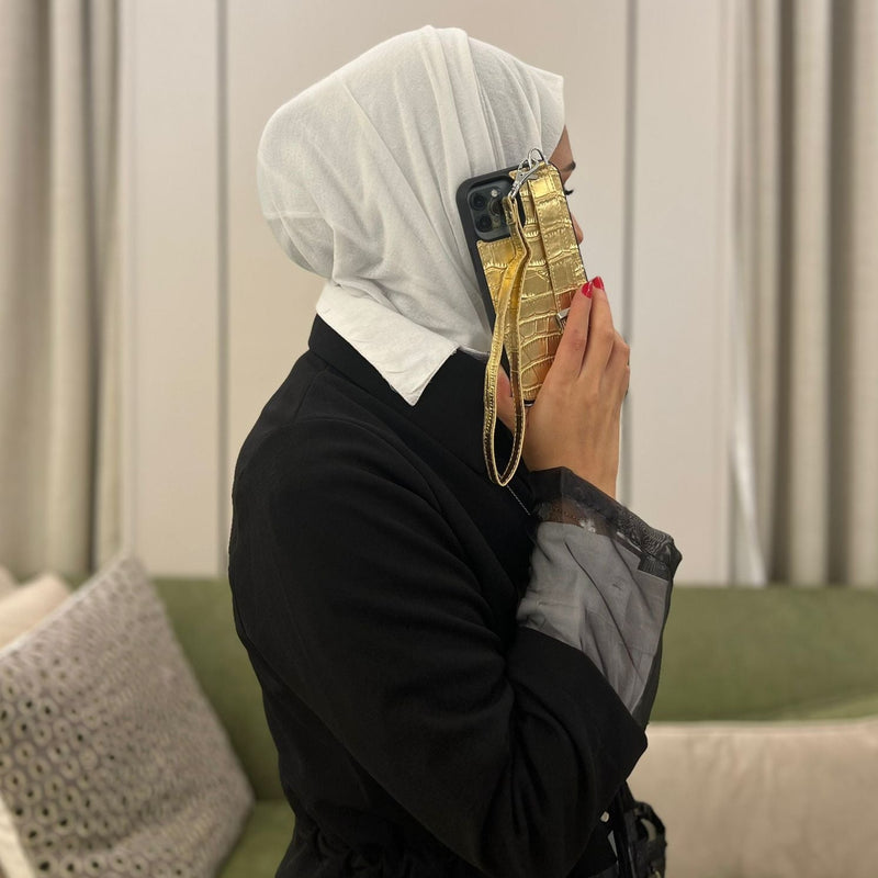 Dana Gold Leather Case with Card Slot and Strap - كفر مع مسكة شريطة ومكان للبطاقات وخيط علاقة