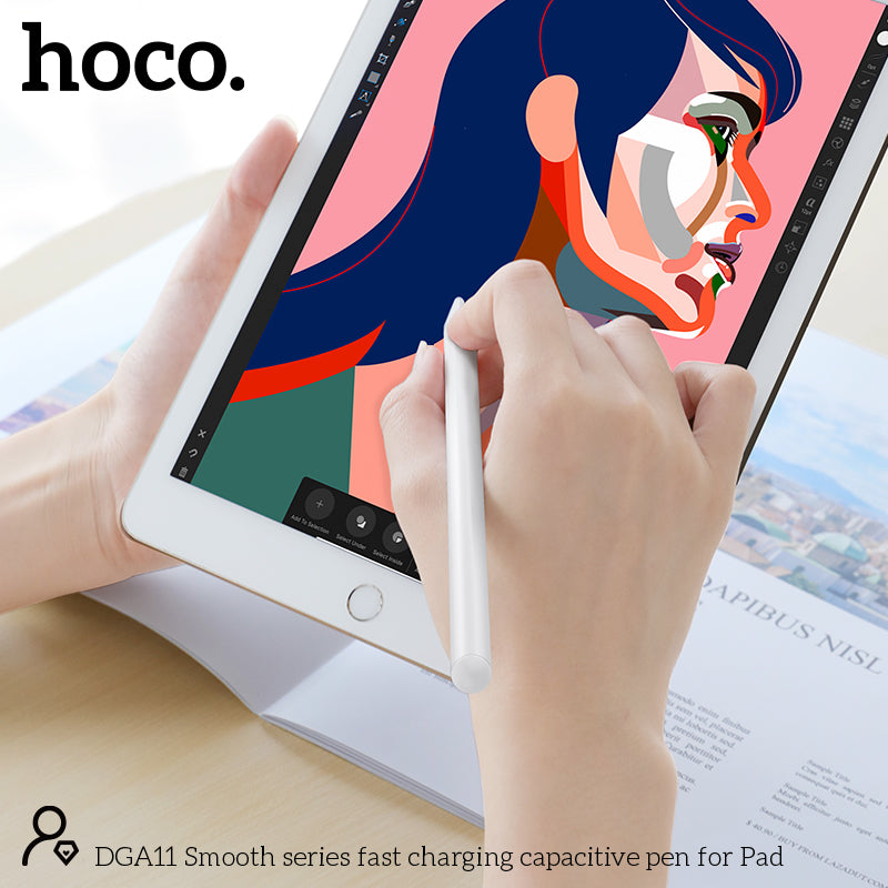 Hoco DGA11 Smooth Series Fast Charging Capacitive Pen for iPad - White - قلم الكتروني - هوكو - لجميع انواع الاجهزة - شحن مغناطيس + تايب سي - كفالة 12 شهر