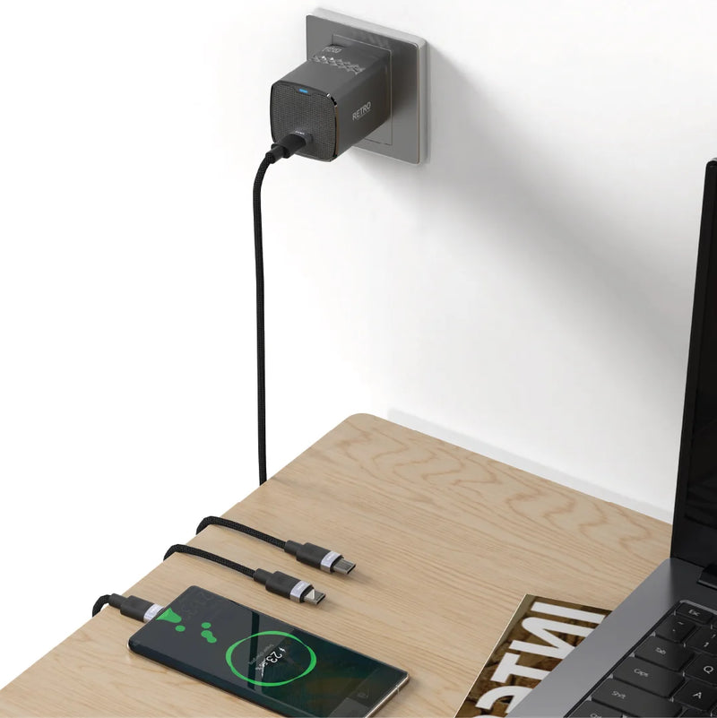 PAWA Retro PD25W Only PD Port UK Charger With USB-C to USB-C Cable - Black - بلاك شاحن حائط + سلك شحن تايب سي - 25 واط - باوا - كفالة 12 شهر