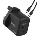 Stout GaN Travel Charger 45W UK Standard with Type-C to Type-C - بلاك شاحن حائط + سلك شحن تايب سي - باوا - كفالة 12 شهر