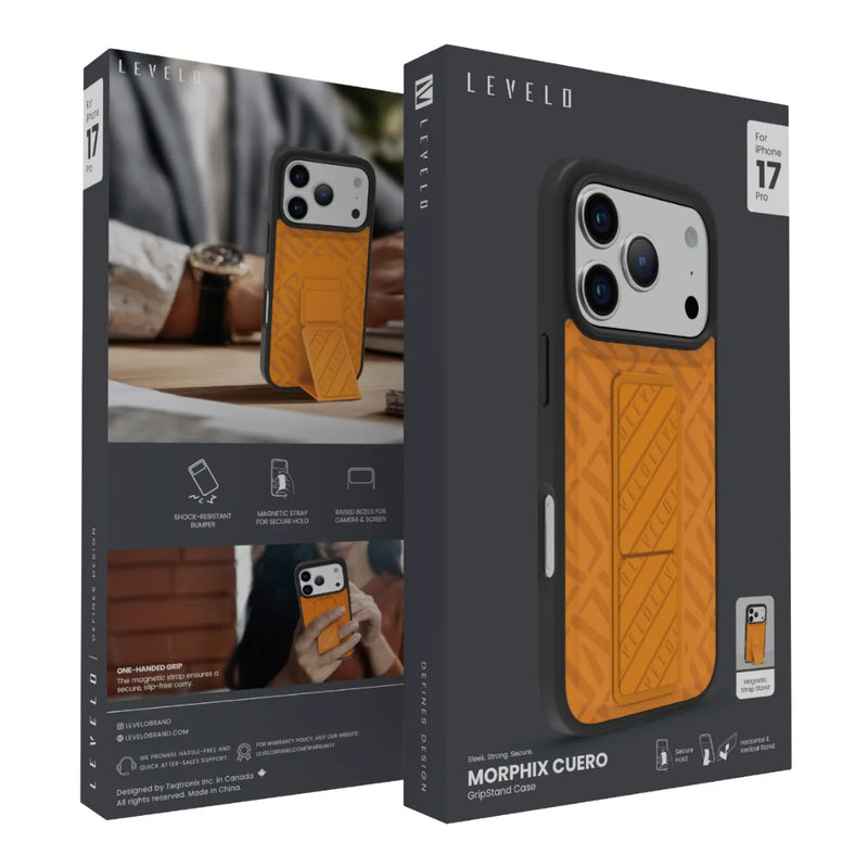 Levelo Morphix Cuero Gripstand Case iPhone17 Pro / Pro Max - Sunrise Orange [O] - كفر حماية عالية - ليفيلو - ايفون 17 بروماكس / 17 برو - مع مسكه وستاند
