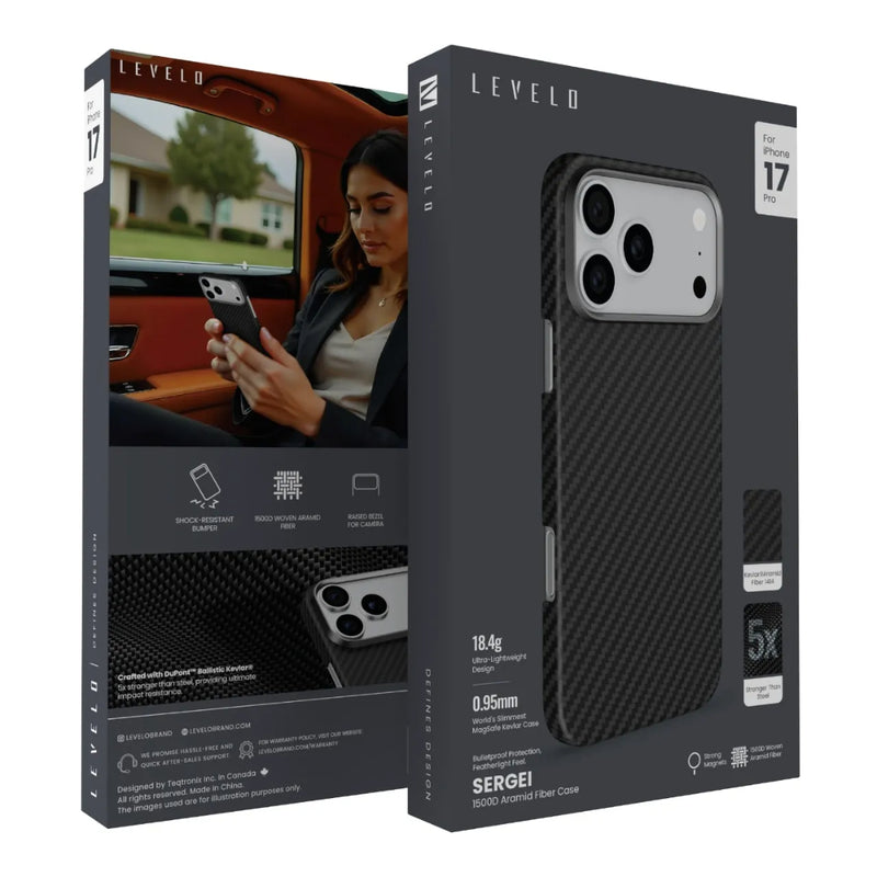 Levelo Sergei 1500D Aramid Fiber Case For iPhone 17 Pro/ProMax - Black [O] -  كفر حماية عالية - ليفيلو - فايبر - مقاوم للصدمات - ايفون 17 برو / 17 بروماكس - ماغ سيف