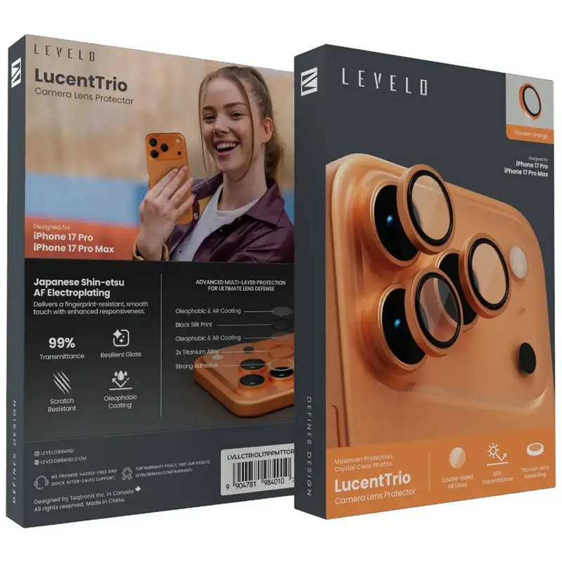 Levelo LucentTrio Lens Protector for iPhone 17 Pro/Pro Max - Orange - حماية لعدسة كاميرا الهاتف - حبات - ايفون 17 برو / 17 بروماكس - ليفيلو