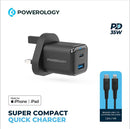 Powerology Super Compact Quick Charger With Braided USB-C To Lightning Cable 1.2m/4ft- بلاك شاحن حائط + سلك شحن ايفون - باورولوجي -قوة 35 واط - كفالة 24 شهر