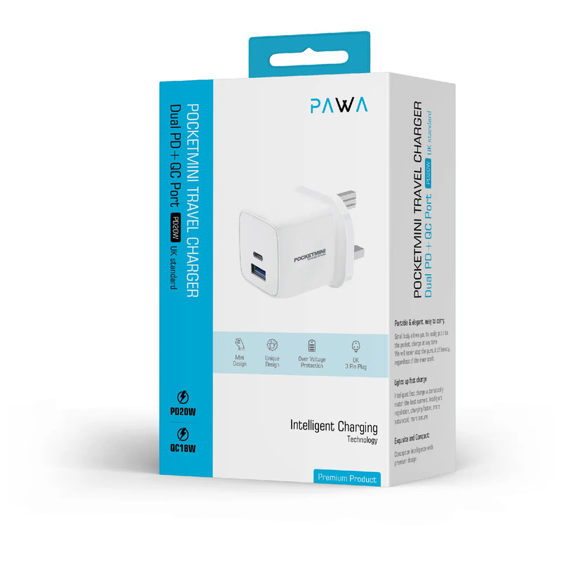 Pawa PocketMini Travel Charger Dual PD + QC Port 20W - شاحن حائط - قوة 20 واط - منفذين تايب سي  للشحن السريع  - كفالة 12 شهر