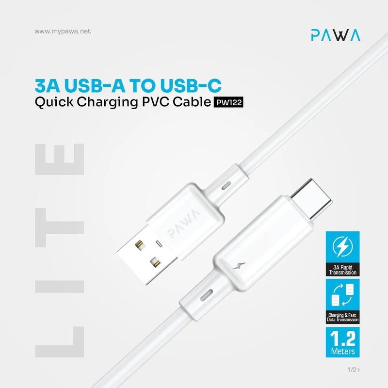 Pawa 3A USB-A TO TYPE C Quick Charging PVC Cable PW122 | White - سلك شحن تايب سي - باوا - طول 1.2 سم - كفالة 24 شهر