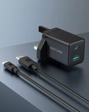 RAVPower 20W 2-Ports Wall Charger Combo - Black - شاحن حائط - تايب سي - راف باور - 20 واط + سلك شحن أيفون - خاصية الشحن السريع - كفالة 12 شهر